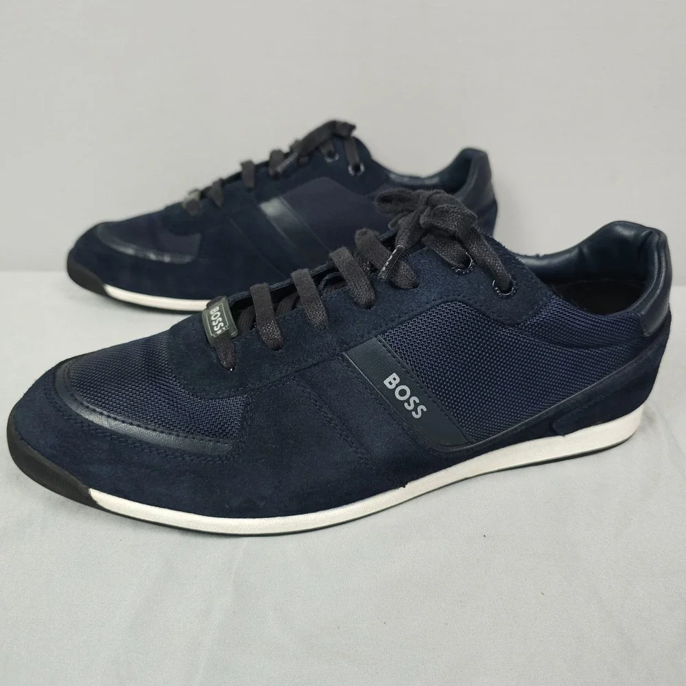 Hugo Boss Glaze Shoes Men Size 43 US 10 Navy Blue Suede Low Lace Up Sneaker